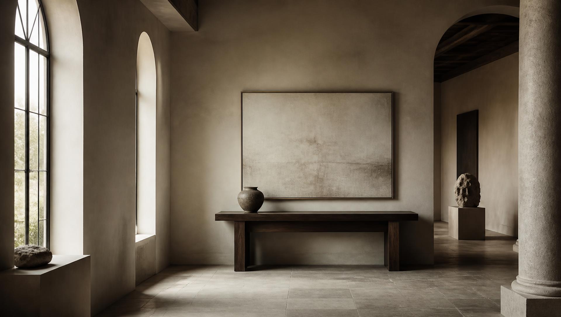 A quiet, light-filled gallery interior in warm neutral tones